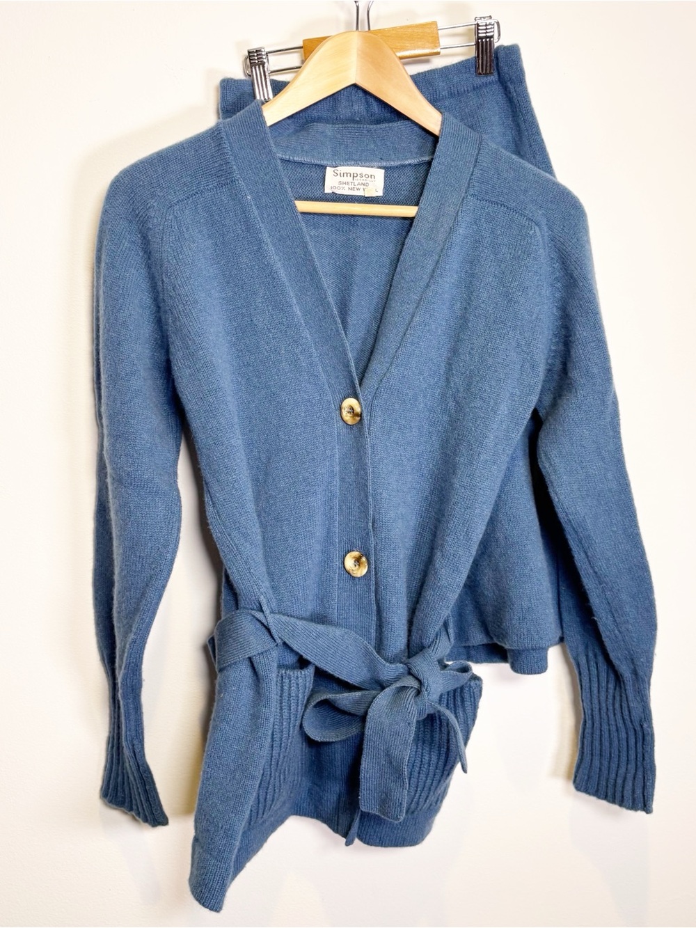 Vintage Simpson Piccadilly Scotland Shetland Wool Cardigan Skirt Set Blue - Picture 1 of 12